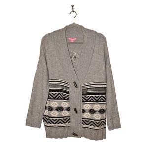 WOMAN‎ WITHIN NEW $65 Gray Shawl Collar Cardigan Sweater Tribal Print M / 14-16